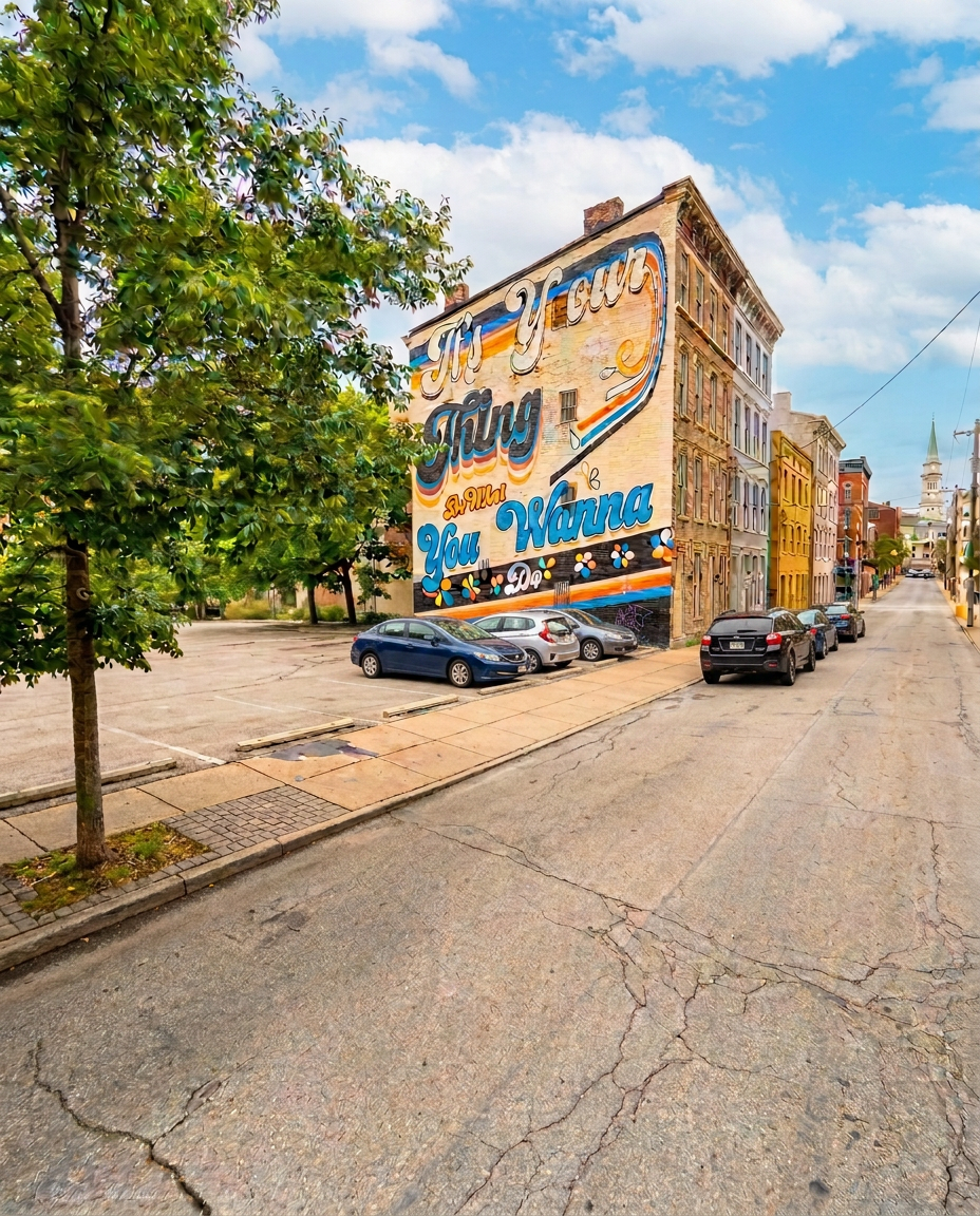 Street view of the mural building on the 300th block of E 13th St in Cincinnati with the adjacent parking lot